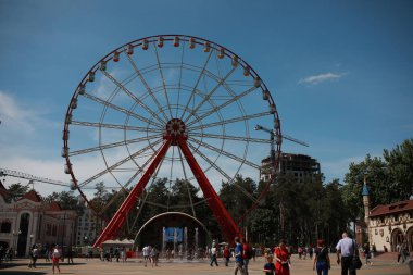 Güzel büyük çocuklar atlıkarıncalarla park ederler.