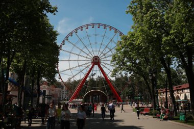 Güzel büyük çocuklar atlıkarıncalarla park ederler.
