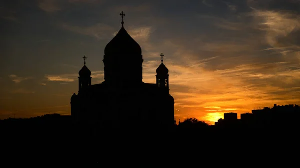 Silhouette Cathedral Christ Savior Moscow Golden Evening Sunset Beautiful Cityscape — Stock Photo, Image