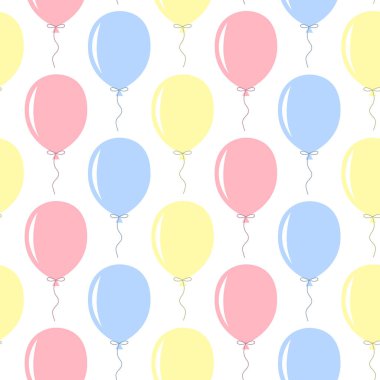 Beyaz arka planda mavi, sarı ve pembe balonların kusursuz deseni. Doğum günü ve hediye konsepti.