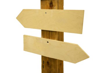 Tahta bilgi indeksi beyaza izole edildi. Tahta direkte yön işaretleri var. Kılavuz.