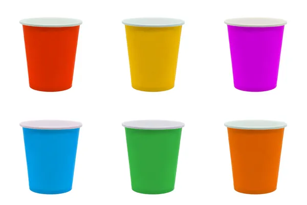Набор Разноцветных Одноцветных Бумажных Стаканчиков Изолирован Белом Фоне Пустой Бумажный — стоковое фото