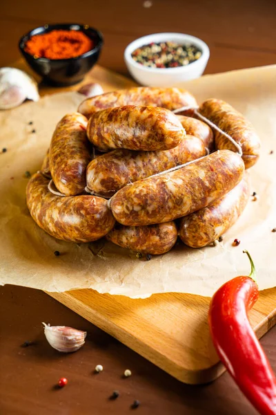 Grilled Sausages Spices Herbs Wooden Table — Stock Photo, Image