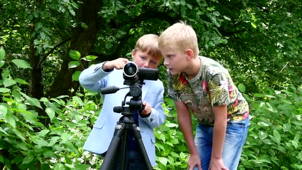 Niños jóvenes con cámara de vídeo filma película sobre la naturaleza del fondo verde del parque . — Vídeos de Stock