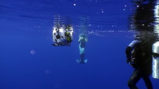 Giovane donna sirena posa per la fotocamera del cameraman sott'acqua in mare. Filmato Stock