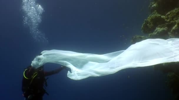 Young woman underwater model in white cloth on background of blue water. Stock Video