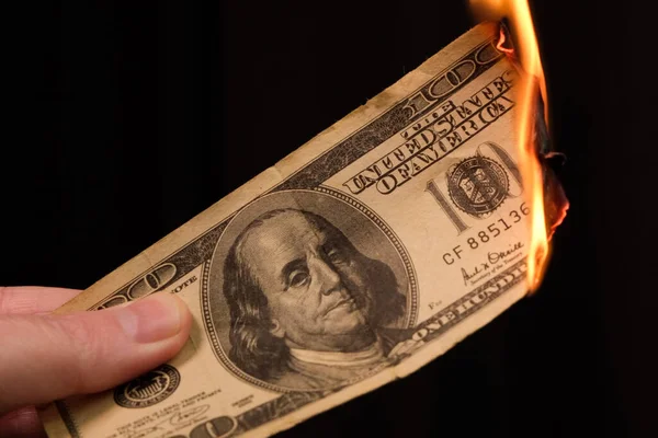 Hand Holding Burning Hundred Dollar Bill American Money Black Background — Stock Photo, Image