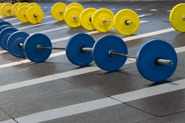 Groepen Fitnesshalters Met Blauwe Gele Schijven — Stockfoto