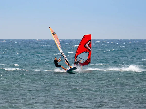 Livorno Italy August 2021 Orange Red Windurfers Riding Waves Choppy — Stockfoto