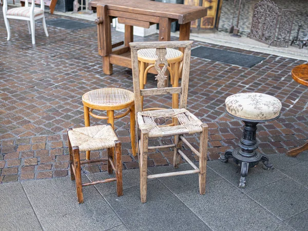 Antique Wooden Stuffed Chair Small Benches Sale Street — Stock Photo, Image