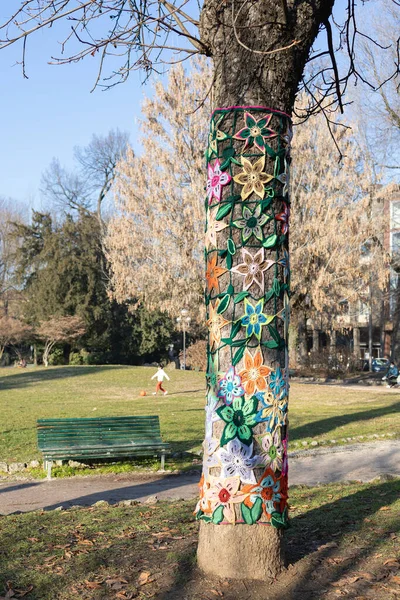 公園内の木の幹を覆う色とりどりの花々 — ストック写真