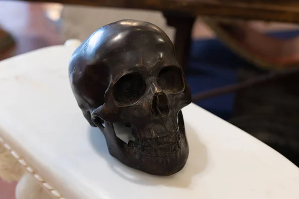 Human Skull Black Ornament Leaning Marble Shelf — Stok fotoğraf