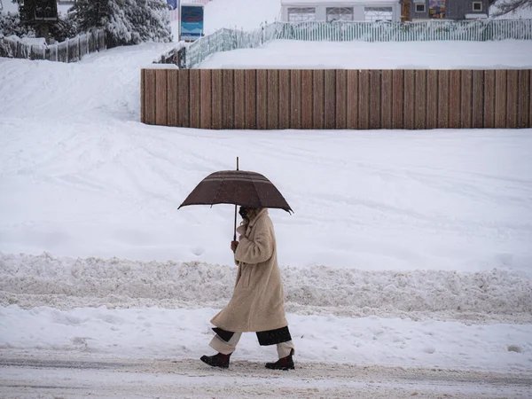 Lady Coat Umbrella Walking Cold Snowy Day Snow Covered Street — Photo