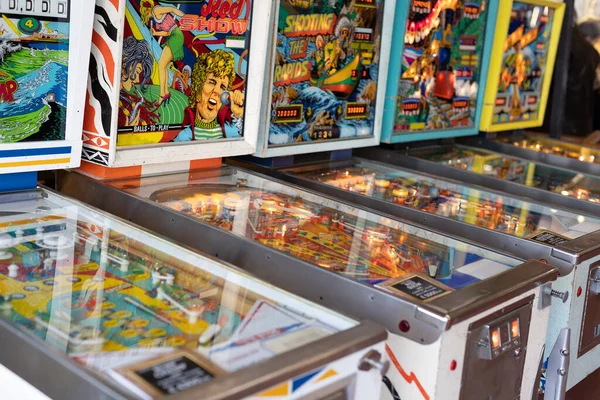 Group Vintage Multicolor Pinball Machines — Stok fotoğraf