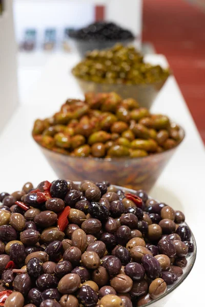 Fresh Green Brown Black Italian Seasoned Olive Bowls — Stock Photo, Image