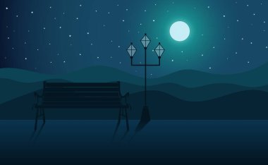 Gece bahçesi ay manzarası Sandalye ve sokak lambalarıyla