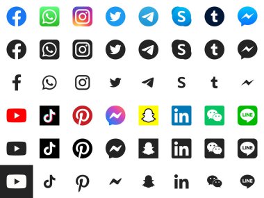 Sosyal medya logoları ve Facebook ikonları, Whatsapp, instagram, twitter, telgraf, skype, tumblr, Messenger, youtube, tiktok, pinterest, snapchat, linkedin, wechat ve line.