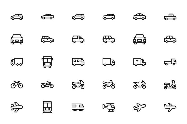 Vehicle transport icon set of car, truck, bike, train, airplane, helicopter, ambulance and bicycle