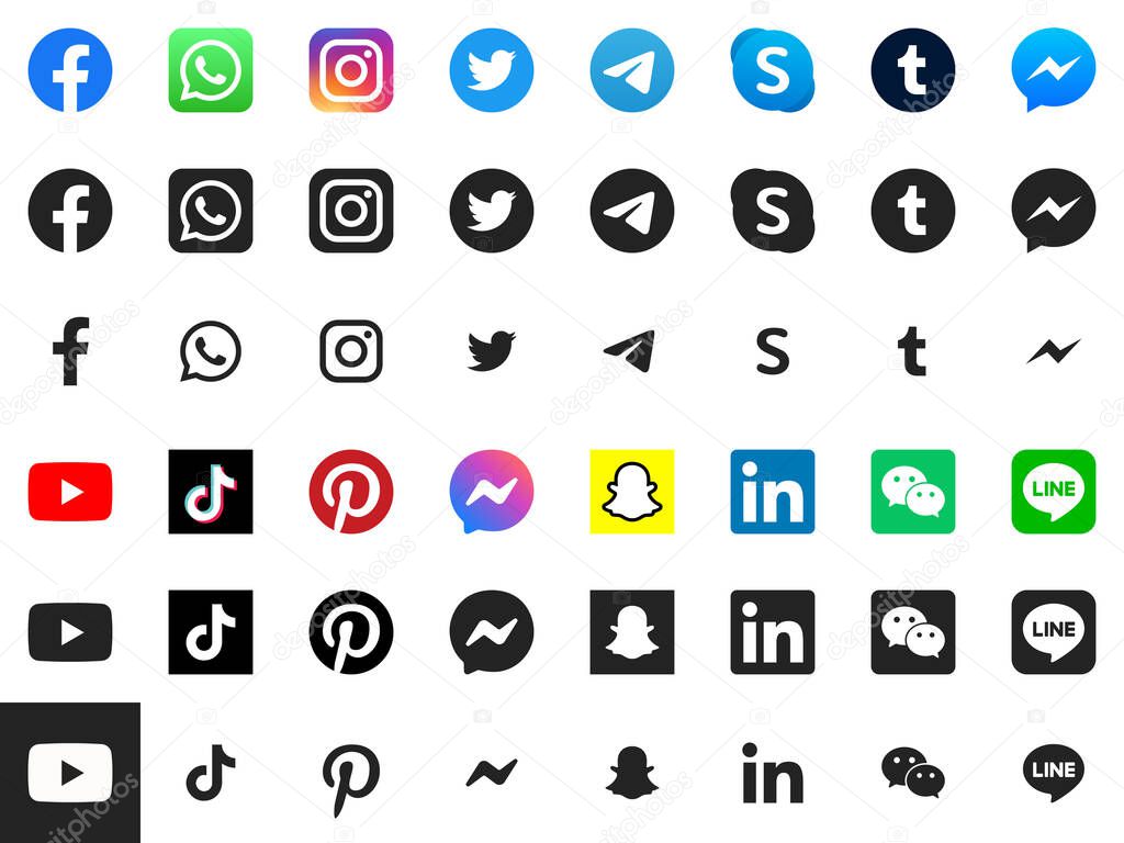 Social media logos and icons of facebook, whatsapp, instagram, twitter, telegram, skype, tumblr, messenger, youtube, tiktok, pinterest, snapchat, linkedin, wechat and line.