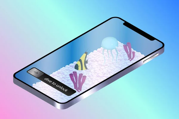 Sanal gerçekliği olan akıllı telefon. Akıllı telefonun ekranında sanal deniz yatağı. Güzel deniz illüstrasyonu. Mobil teknoloji. Optik yanılsama