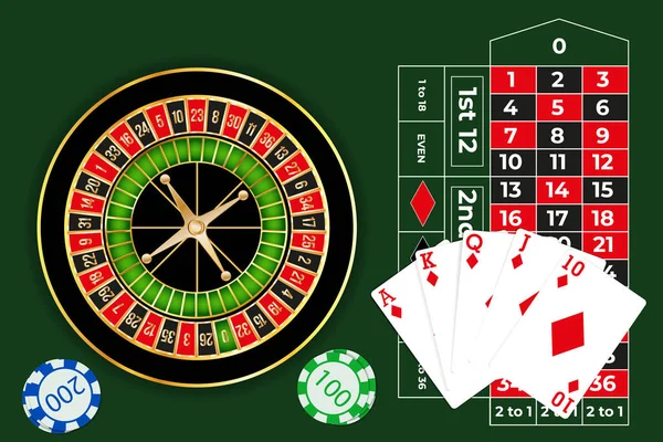 Table Poker Avec Roulette Jouer Aux Cartes Flash Royal Casino — Image vectorielle