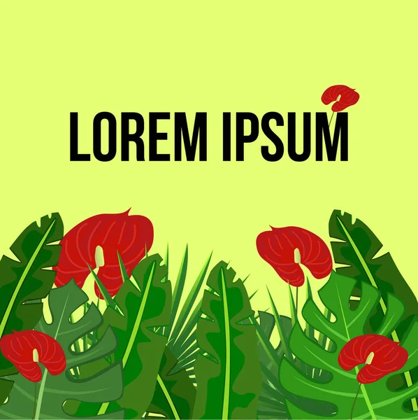 Yapraklar ve kırmızı çiçeklerle tropikal bir şablon