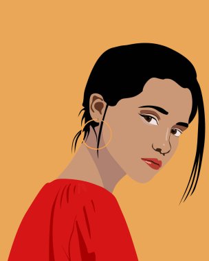 Kırmızı elbiseli esmer kızın güzel vektör portresi