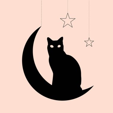Ay 'daki kara kediyle minimalist vektör çizimi