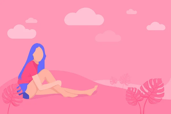 Güzel kız serçe parmaklı topraklarda oturur. Pembe renklerle muhteşem minimapistik resim