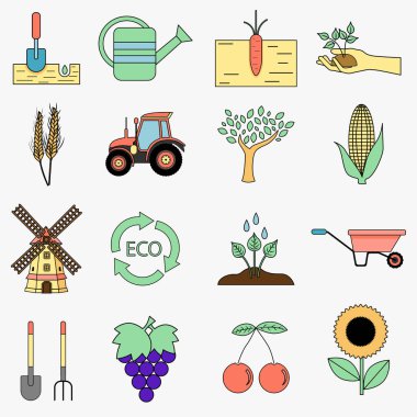Tarım tarımsal düz vektör simgeleri belirlendi
