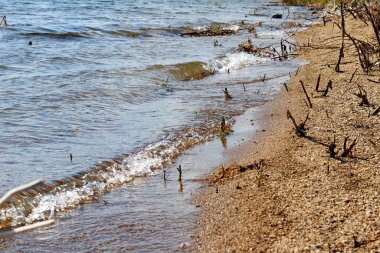 Dalgalar gölün kumlu kıyısında kırılıyor.