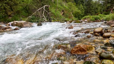 Kayaların üzerinden akan bir dağ nehri. Bulanık hareket arkaplan fotoğrafı