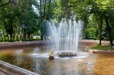 Şehir parkındaki yapay bir göletin üzerindeki çeşme.