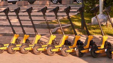 Şehir merkezindeki kaldırımda kiralık elektrikli scooterlar.