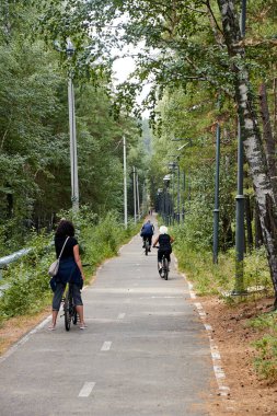Ormanda asfalt bisiklet yolunda bisiklet süren bisikletçiler.