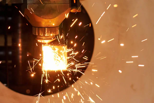 Cnc Laser Cutting Machine Cutting Steel Square Pipe — Stock Photo, Image