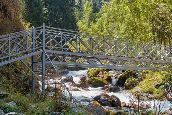 Ponte de aço pedestre sobre o rio da montanha — Fotografia de Stock