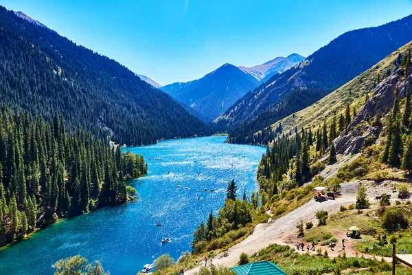 View Mountain Lake Surrounded Forest Kolsay Lakes National Park Kazakhstan Stock Photo