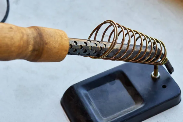 Soldering Iron Spiral Holder Stand Selective Focus Blurred Background — Stockfoto