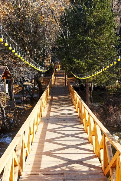 wooden bridge and light bulb garlands along it. summer cafe among the trees