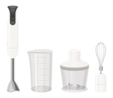 Blender, Gıda İşlemcisi ve Çırpma Aletleri Vektörü. Daldırma karıştırıcı ölçü kabı ve keskin bıçaklı bir kap. Aşçılık Şablonu için Şef Elektronik Aygıt