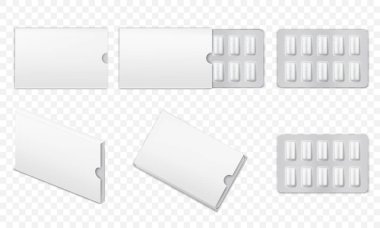 Gerçekçi sakız. Boş kabarcıklı beyaz üç boyutlu sakız modeli. Çiğneme hapları ve diş beyazlatma tabakları. Sakız maketleri, çizgiler, su toplayan tabletler. İzole vektör illüstrasyonu