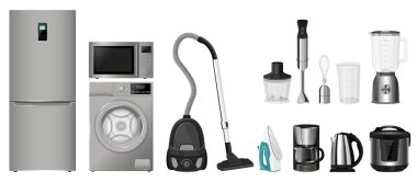 Ev aletleri: mikrodalga fırın, çamaşır makinesi, buzdolabı, elektrikli süpürge, çoklu fırın, yemek işlemcisi, blender, ütü. Gerçekçi 3 boyutlu vektör, izole illüstrasyon