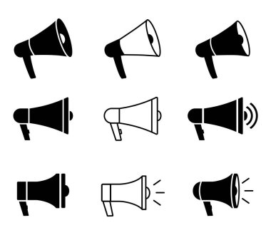 Megaphones icons. Speaker Sign Set. Circle button. Vector outline icon, isolated on white background