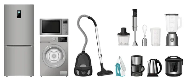 Eine Reihe Von Haushaltsgeräten Mikrowelle Waschmaschine Kühlschrank Staubsauger Mehrkocher Küchenmaschine — Stockfoto