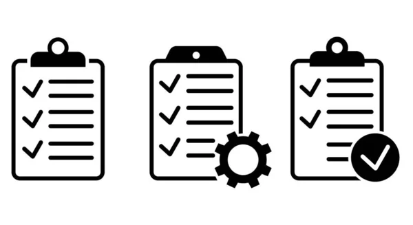 Clipboard Icon Set Checklist Gear Checkmarks Magnify Glass Quality Check — ストック写真