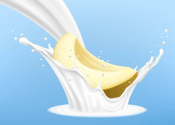 Yogurt Milk Splash Ripe Yellow Honeydew Melon Cut Piece Fruit — Fotografia de Stock