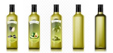 Zeytin, ayçiçeği ve avokado yağı cam şişe maketi. Ekstra bakir yağ kavanozu. Yemek pişirme ürünü, organik vejetaryen diyeti. Siyah mantarlı sebze yağı kavanozu. Gerçekçi 3d vektörü