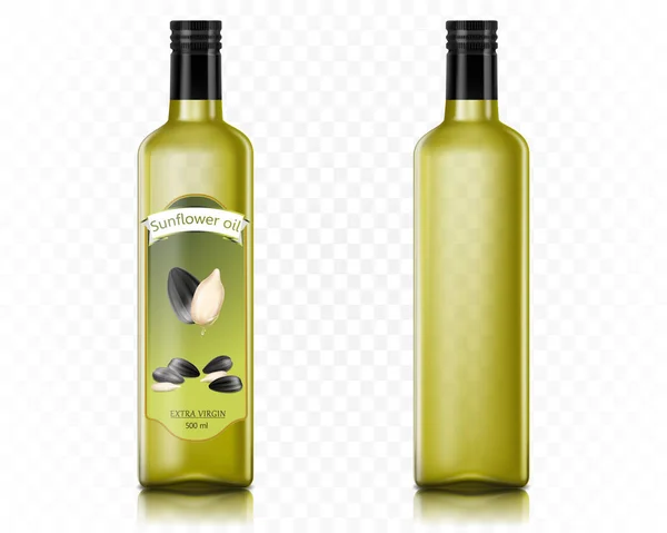 Sunflower oil glass bottle mockup. Extra virgin oil jar. Food cooking product, organic vegetarian diet. Vegetable oil brand jar with black cork. Realistic 3d vector