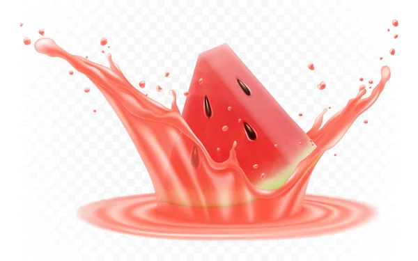 Watermelon in a splash of juice. slice of watermelon in a splash of juice with drops. 3d realistic transparent isolated vector.